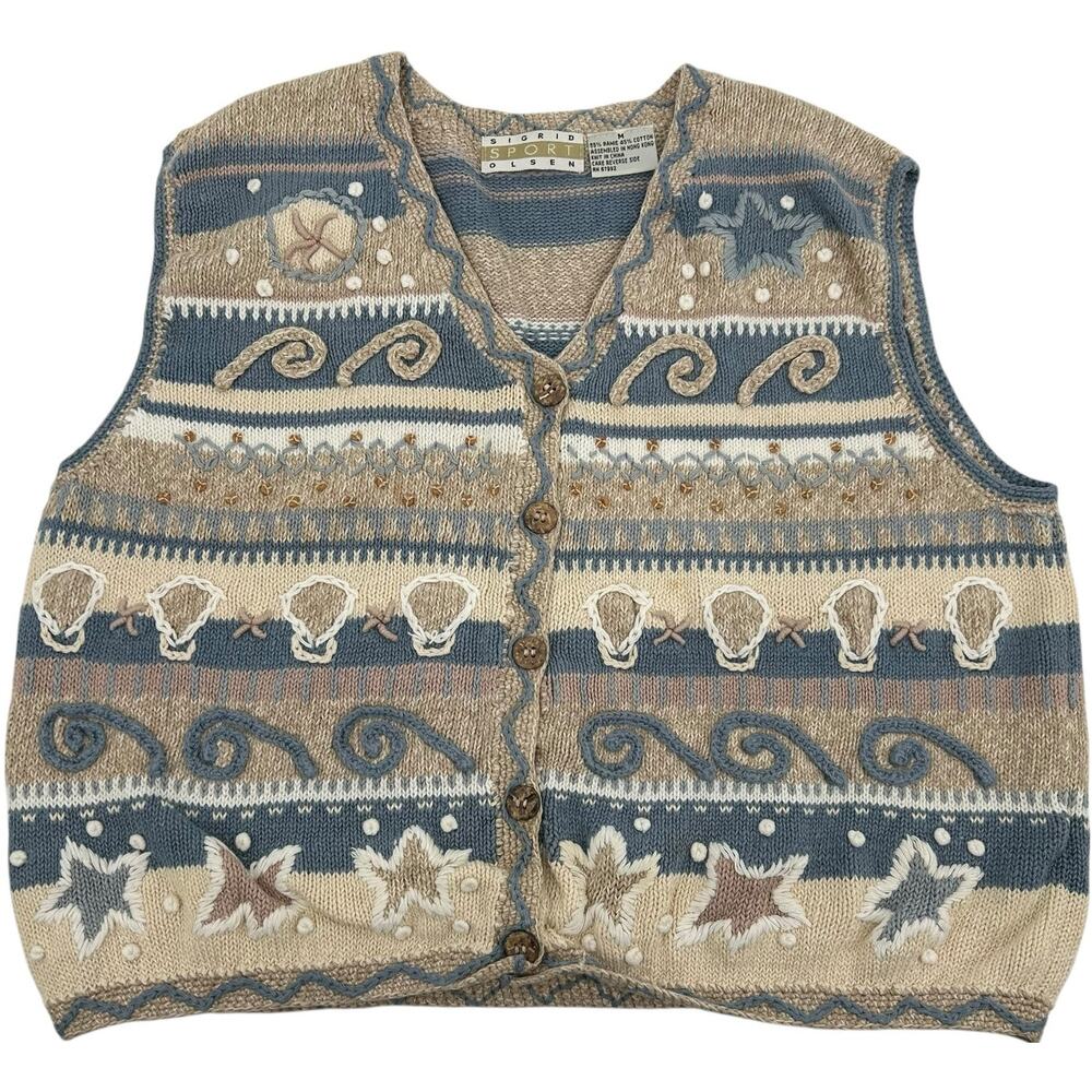 Vintage 90s y2k Women's Beach Shells Starfish Surfwear Knitted Cardigan Vest~ M